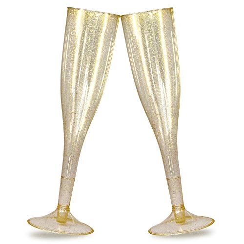 Plastic Champagne Flutes Gold Glitter 50pc ~5oz/130ml Disposable Plastic Wine Glasses - Perfect as Wedding Toast Flutes & Birthday Party Booster