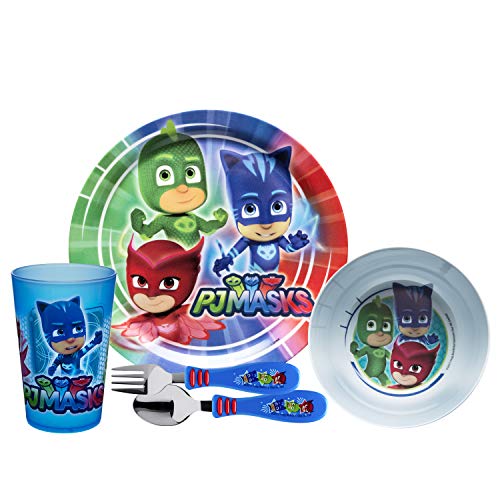 Book Cover Zak Designs PJ Masks Kids Dinnerware Set Includes Plate, Bowl, Tumbler and Utensil Tableware, Made of Durable Material and Perfect for Kids (PJ Masks, 5 Piece Set, BPA-Free)