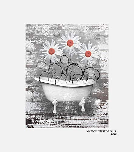 Book Cover Coral Grey Rustic Bathroom Wall Art, Daisy Flowers, Butterflies Farmhouse Decor, Matted 5x7, 8x10, 11x14 Home Decor Picture