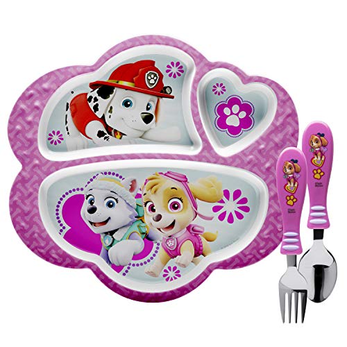Zak Designs Paw Patrol Kids Dinnerware Set Includes Melamine 3-Section Divided Plate and Utensil Tableware, Made of Durable Material and Perfect for Kids (Skye & Everest, 3 Piece Set, BPA-Free)