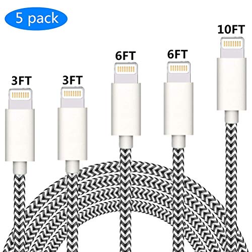 Book Cover iPhone Charger Cable MFi Certified Lightning Cord 5Pack 3FT/6Foot/10Feet Sharllen Nylon Braided iPhone Charger USB Fast Charging&Syncing Wire Compatible iPhone12/11Pro/XS/Max/XR/X/8P/7/6/iPad White
