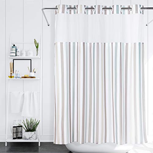Book Cover Lagute SnapHook Stijl Hook Free Shower Curtain | 74 in (L) x 71 in (W) | Removable Liner | See Through Top | Machine Washable | Nordic Stripes