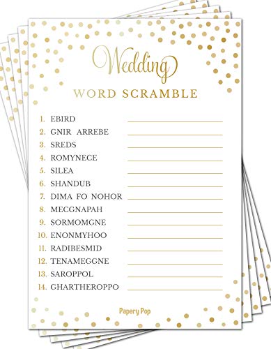 Wedding Word Scramble Game Cards (50 Pack) - Bridal Shower Games - Bachelorette Party Games Ideas Activities Supplies