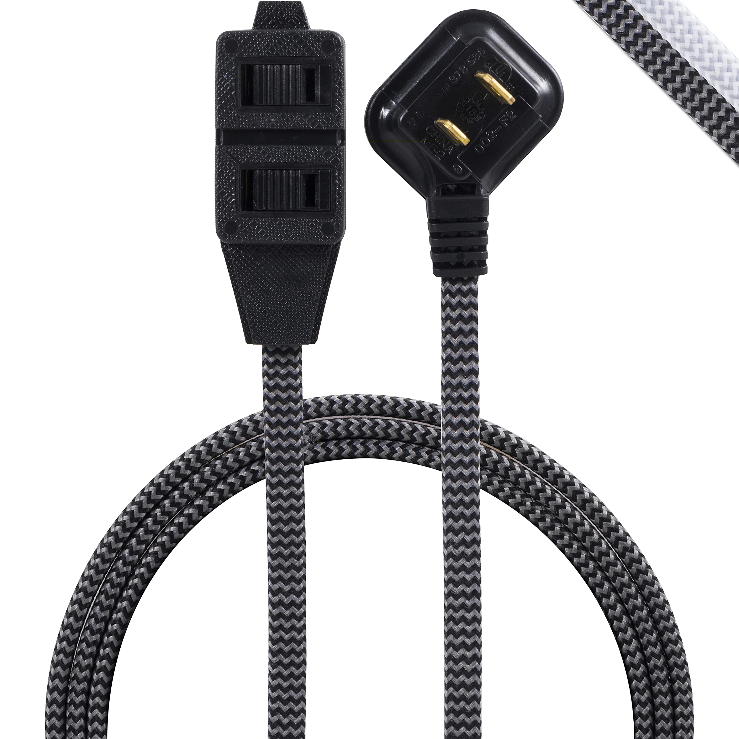 Book Cover GE Gray & Black, 6 Ft Designer Braided Extension Cord, Power Strip, 3 Polarized Outlet, Outlet Strip, Power strip Flat Plug, Perfect for Home, Office or Kitchen, UL Listed, 42384