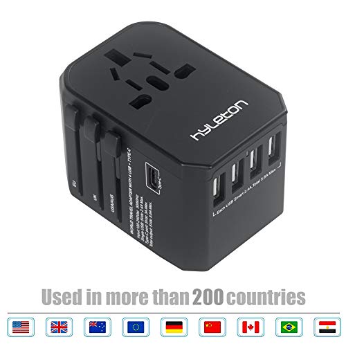 Book Cover Universal Travel Adapter,4 USB Ports and 1 Type C Fast Charging International Power Adapter,Hyleton All in One Travel Plug Adapter for US, EU,UK,AU,Asia (lxc-M5)