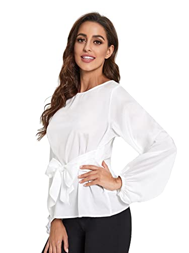Romwe Women's Floral Print Long Sleeve Self tie Waist Knot Blouse Top