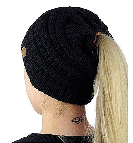 Book Cover Heyuni. 1PC Women's Warm Cable Knitted Messy High Bun Hat Beanie with Hole for Pony Tail Skull Cap,Black