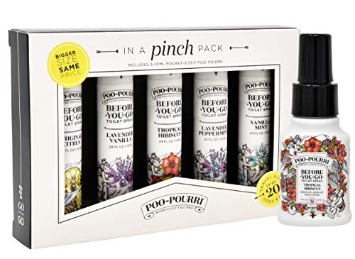 Book Cover Poo-Pourri In A Pinch Pack Toilet Spray Gift Set, 5 Pack 10 mL and 1.4 Ounce Tropical Hibiscus Bottle
