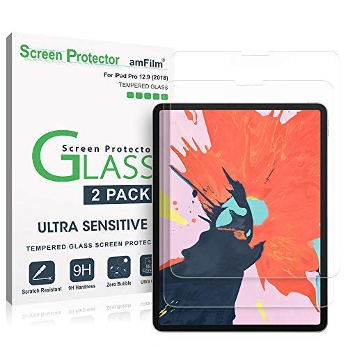 Book Cover amFilm (2 Pack) for iPad Pro 12.9 (2021, 2020, 2018) Glass Screen Protector for iPad Pro 12.9 inch, Tempered Glass, Ultra Sensitive, Face ID and Apple Pencil Compatible