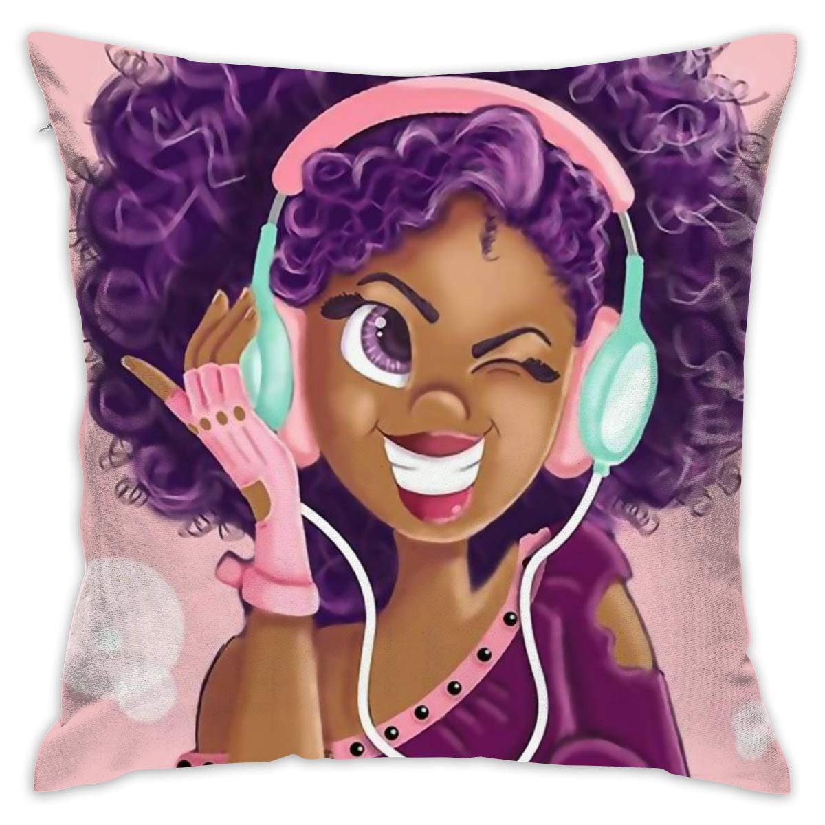 Book Cover SARA NELL Black Art Throw Pillow Cases,Black Girl African American Girl Love Music Purple Hair,Pillow Covers Decorative 18 x 18 inch Pillowcase Cushion Covers Zipper
