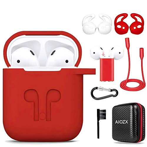 Book Cover Case for Airpods, Silicone AirPods 2 & 1 Accessories Set Protective Cover, Skin for AirPods Charging Case, Airpods Strap/Airpods Ear Hooks/Holder/Keychain/Carrying Box(Red)