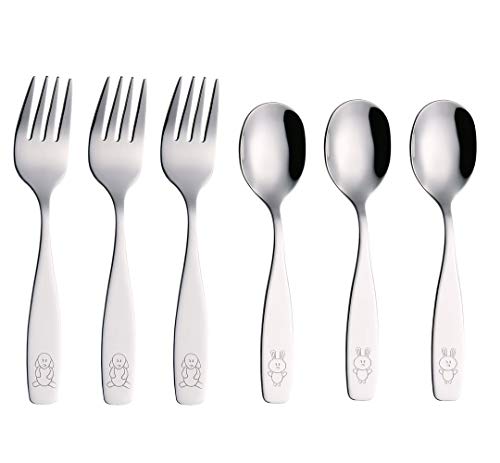 Book Cover ANNOVA Kids Silverware 6 Pieces Children's Safe Flatware Set Stainless Steel - 3 x Forks, 3 x Children Tablespoons, Toddler Utensils, Metal Cutlery Set for LunchBox (Engraved Dog Bunny)
