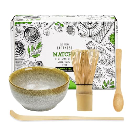 KAISHANE Japanese Matcha Whisk Set Matcha Tea Ceremony Set of 4 Including 100 Prong Matcha Whisk, Traditional Scoop, Tea Spoon and Ceramic Matcha Bowls