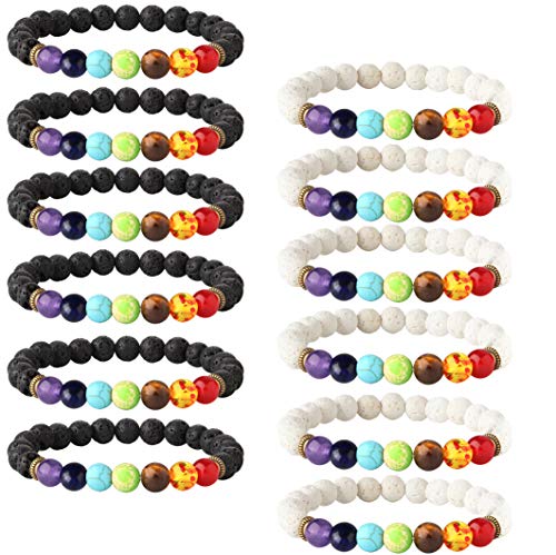 LOYALLOOK 12PCS Lava Stone Bracelet Mens Chakras Bead Bracelet Natural Stone Oil Diffuser Bracelet for Men Women Yoga Prayer Bracelet