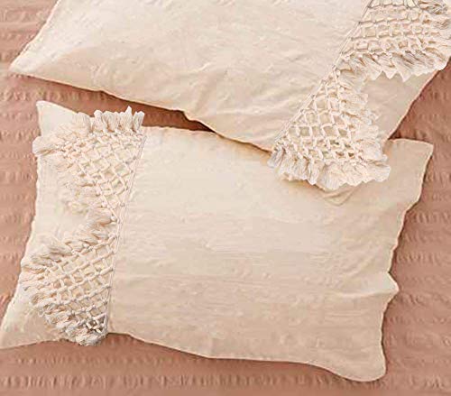 Book Cover Tufted Tassel Sham Set Lattice Cotton Pillow Covers,18.9in x29.1in,Set of 2