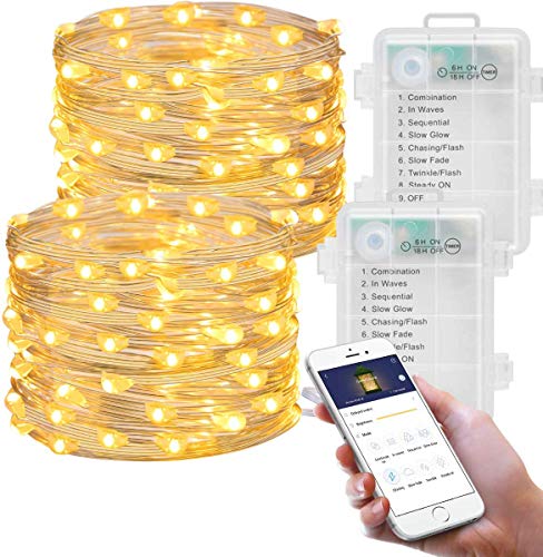 Book Cover MINGER Fairy Lights, LED Fairy String Lights Battery Operated Light Strings Work with App Via Bluetooth, Waterproof for Wedding Bedroom Jars Festival Decor Warm White, 2 Packs of 16.4ft