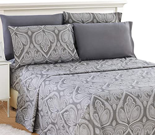 Book Cover LDC King Bed Sheets Set - King Sheets Brushed Microfiber 1800 Thread Count Bedding - Wrinkle, Stain, Fade Resistant - Deep Pocket King Size Sheets Set - 6 PC (King, Paisley Grey)