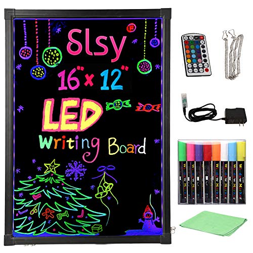 Slsy Illuminated LED Message Writing Board, 16"X12" Erasable Neon Effect Menu Sign Board with 8 Fluorescent Makers Remote Control,12Colors Flashing Modes Light Up Board