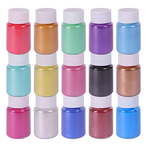 Book Cover Mica Powder Slime Pigment Supply Kit Powder Resin in Bottle Organized with Pearlescent Pearl Luster, 15 Colors Fine for Soap Making/Bath Bomb DIY
