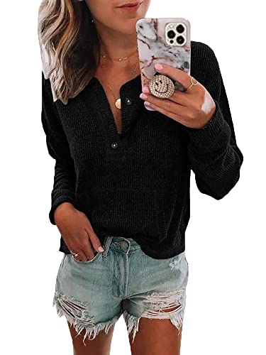 Dellytop Womens Ribbed Long Sleeve Tops Casual Henley Shirts Pocket Button Up Loose Sweaters