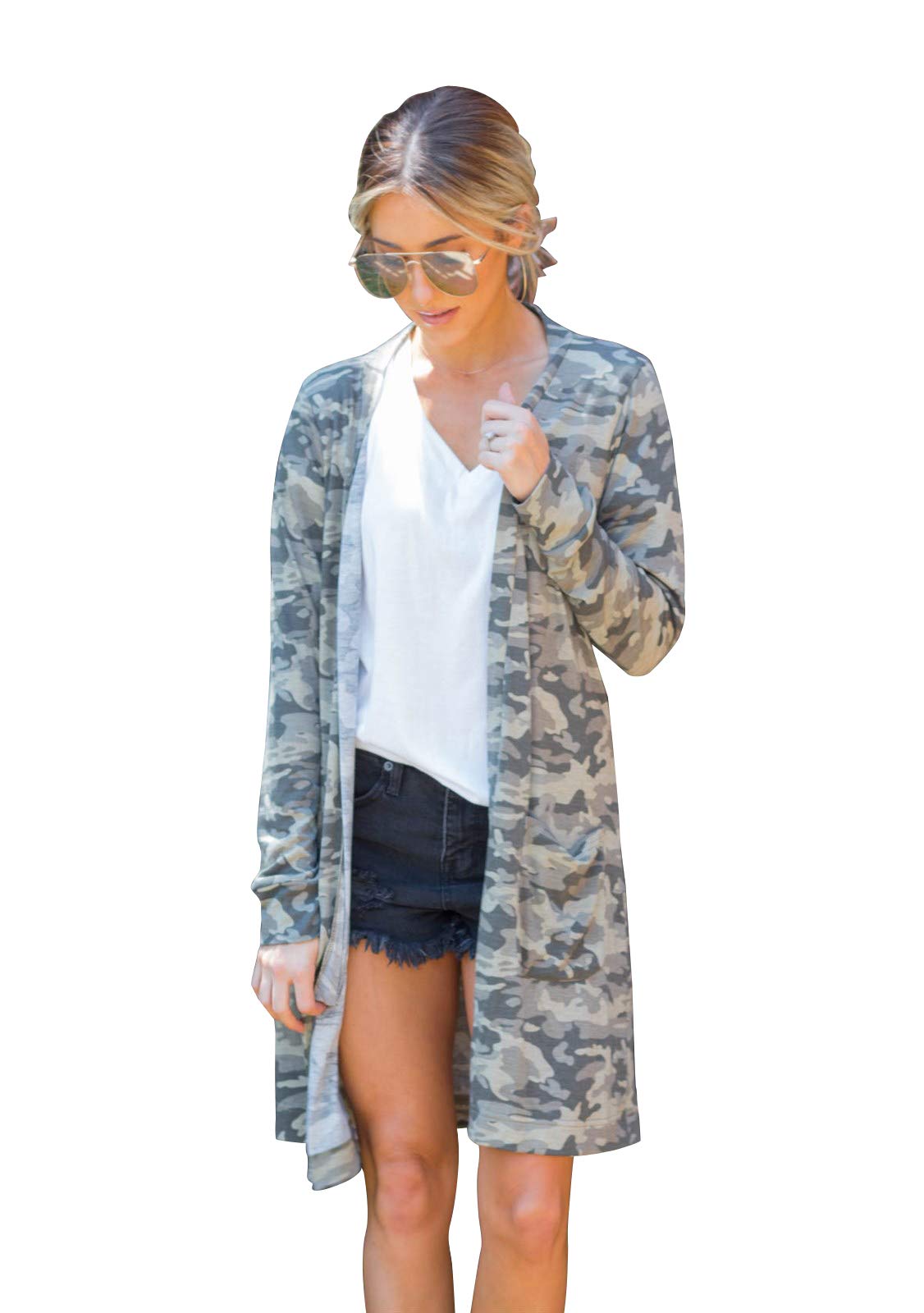 Book Cover Tickled Teal Women's Lightweight Open Front Long Sleeve Cardigan Sweater Small Camo