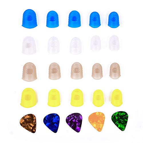 GCOA 20Pcs Guitar Finger Protector, Guitar Fingertip Protectors 3 Sizes Silicone Finger Guards Cover for Beginner Playing Ukulele Electric Guitar and 5 Picks