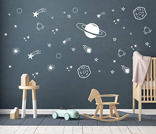 Book Cover Planet Wall Decal, Boys Room Decor, Outer Space Wall Decals, Star Wall Stickers, Vinyl Wall Decals for Children Baby Kids Boys Bedroom, Nursery Decor(Y04) (White)