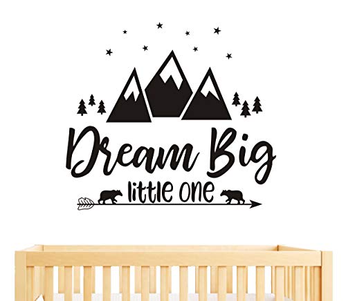 Book Cover Dream Big Little One Quote Wall Decals, Nursery Wall Decals, Quote Decal, Woodland Wall Stickers, Vinyl Wall Decals for Children Baby Kids Boys Bedroom Y07 (57x51cm, Black)