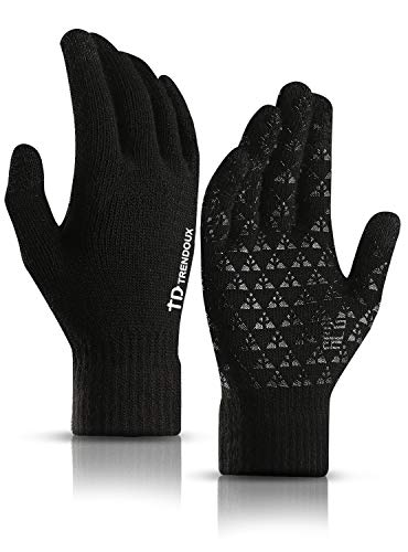 Book Cover TRENDOUX Driving Gloves, Unisex Knit Winter Touchscreen Glove Men Women Texting Smartphone - Elastic Cuff - Thermal Wool Lining - Stretchy Material Black - L