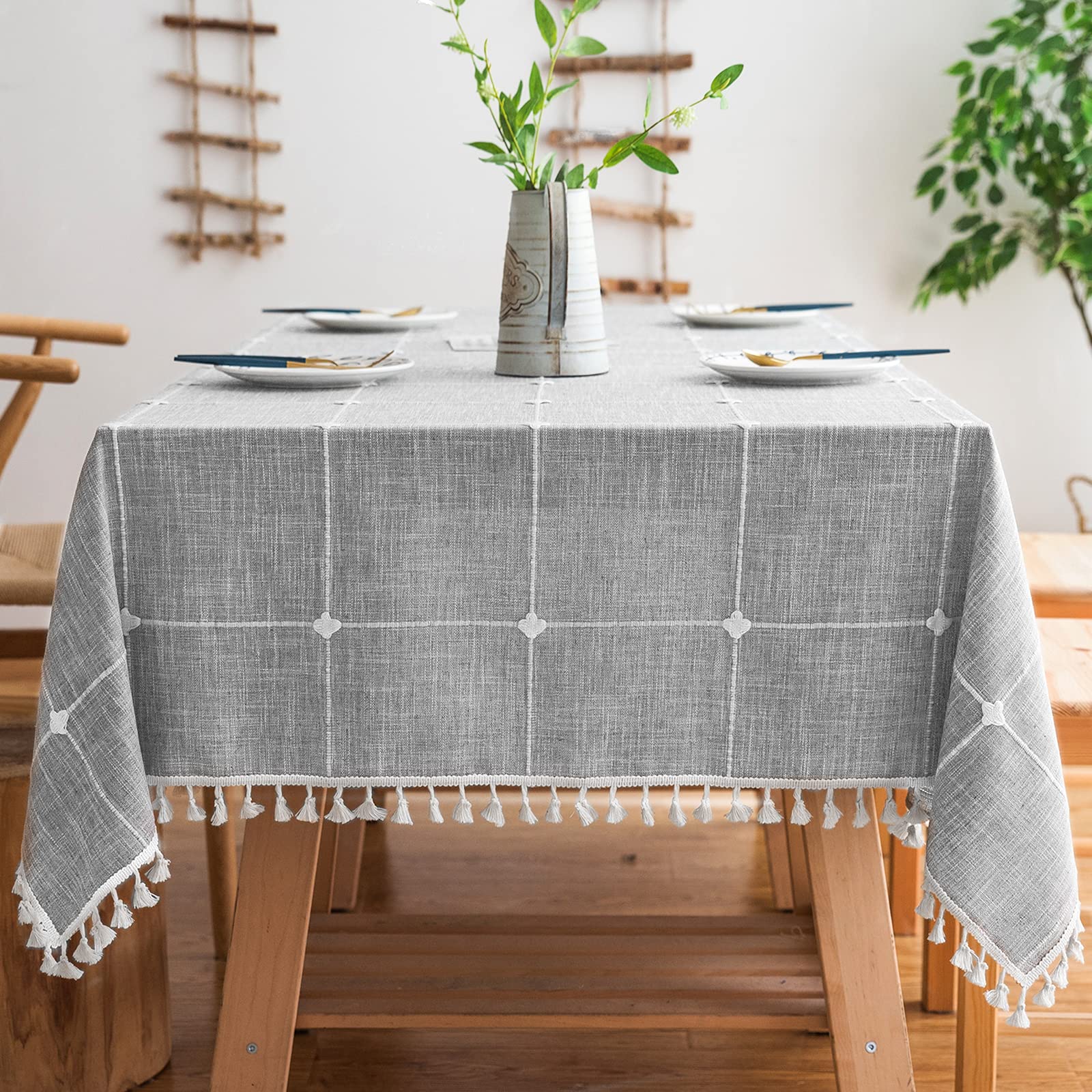 MOKANI Solid Embroidery Checkered Table Cloth Washable Cotton Linen Tassel Tablecloth, Square Wrinkle Free Anti-Fading Table Cover for Kitchen Dinning Thanksgiving Christmas (55 x 55 Inch, Gray) A. Gray Square, 55 x 55 Inch
