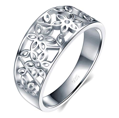BORUO 925 Sterling Silver Ring, High Polish Tarnish Resistant Comfort Fit Victorian Leaf Filigree Vintage Style Ring