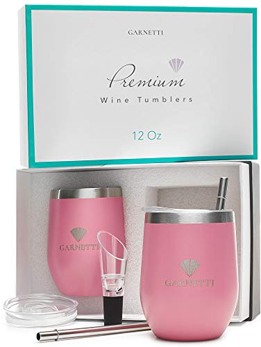 Insulated Wine Tumbler with Lid (Set of 2) - Stainless Steel UnbreakableÂ  Stemless Glasses in Gift Box - Bonus Wine Aerator and Metal Straw (12oz) by Garnetti - Crimson