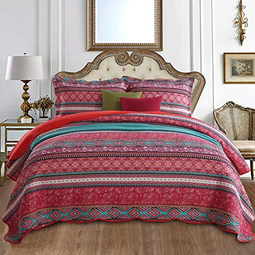 Travan 3-Piece Queen Quilt Set Oversized Bedspread Coverlet Set Reversible Queen Size, Red Striped Bohemian Style