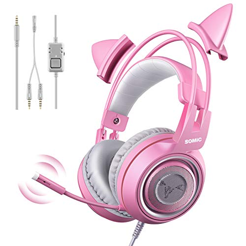 Book Cover SOMIC G951S Pink Gaming Headset with Mic for Xbox One, PS5, PS4, PC, Removeable Cat Ear Headphone for Girls Women, with 3.5mm Plug/Control Box