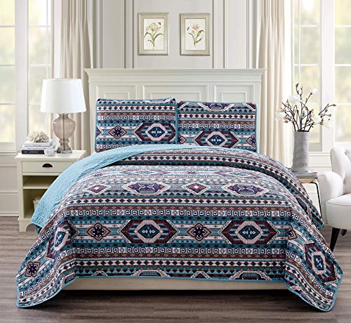 Book Cover Rustic Western Southwestern Native American Quilt Set in Beige Taupe Brown Turquoise and Navy Blue Colors - Bedspread Set San Antonio (King/Cal-King)