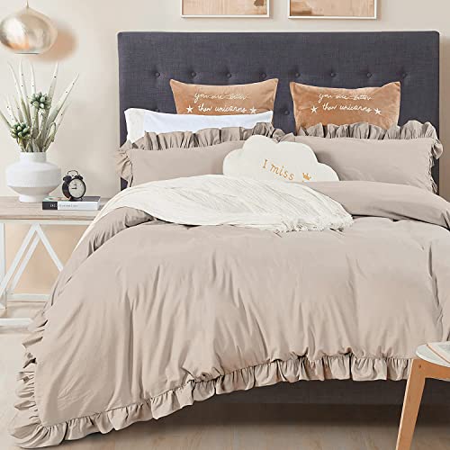 Book Cover QSH Shabby Ruffled King Size Duvet Cover Set,Washed Cotton Farmhouse Taupe Bedding Comforter Quilt Cover Boho Chic Cute Ultra Soft Vintage Rustic French Country Bedding 3pcs Zipper Closure