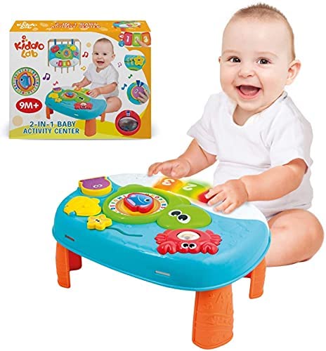 Book Cover Activity Table for 1 Year Old and Up. 2-in-1 Activity Center for Baby. Interactive Learning Toy Piano and Kids Activity Table with Fun Ocean Characters. Crib Accessories with Detachable Straps