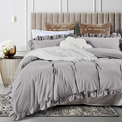 Book Cover Queen's House Duvet Cover King Gray Washed Cotton Ruffles Quilt Cover Bedding King Set-Shabby Ruffle,Grey