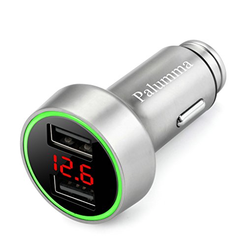 Palumma 24W/4.8A Dual USB Car Charger, 12V to USB Outlet with Cigarette Lighter Voltage Meter LED/LCD Display Battery Low Voltage Warning (Silver)