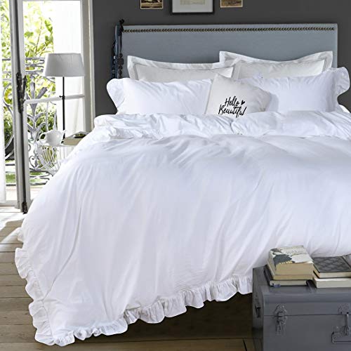 Book Cover QSH White Shabby Ruffle Duvet Cover Full Size,Washed Cotton Farmhouse Boho Chic Aesthetic Cute Bedding Comforter Quilt Cover 3 Pieces Ultra Soft and Breathable Zipper Closure & Corner Ties
