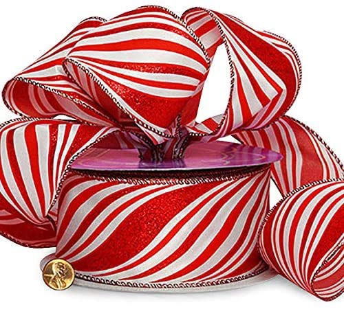 Red Striped Wired Christmas Ribbon - 2 1/2" x 25 Yards, Red White Candy Cane Swirls, Garland, Gifts, Wrapping, Wreaths, Bows, Boxing Day, Valentine's Day