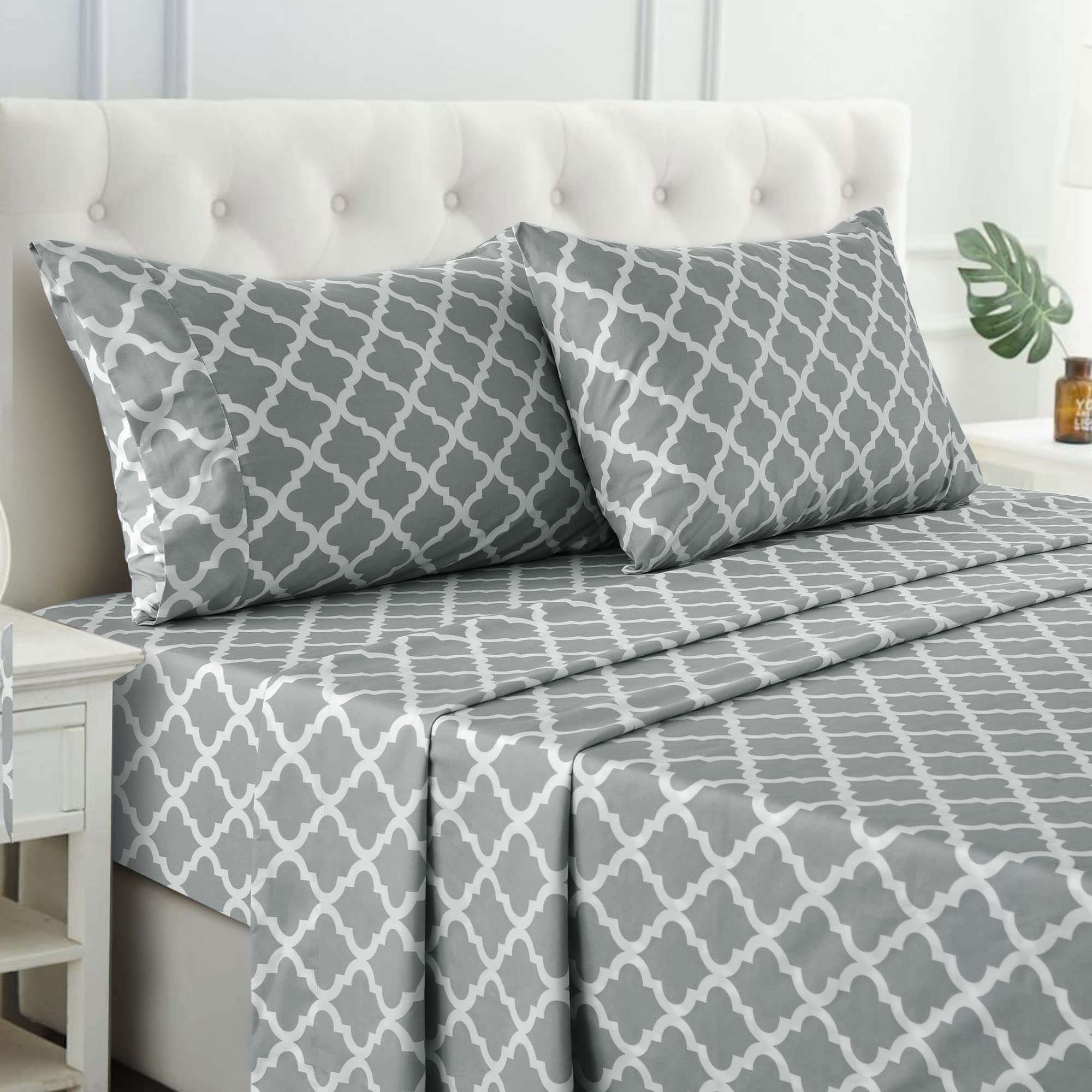 Book Cover Lux Decor Collection Bed Sheets - 4 Pc Queen Size Sheets - 1800 Thread Count Brushed Microfiber Sheets - 16 Inches Deep Pocket Bedding Sheets & Pillowcases (Queen, Quatrefoil Grey) Quatrefoil Grey Queen
