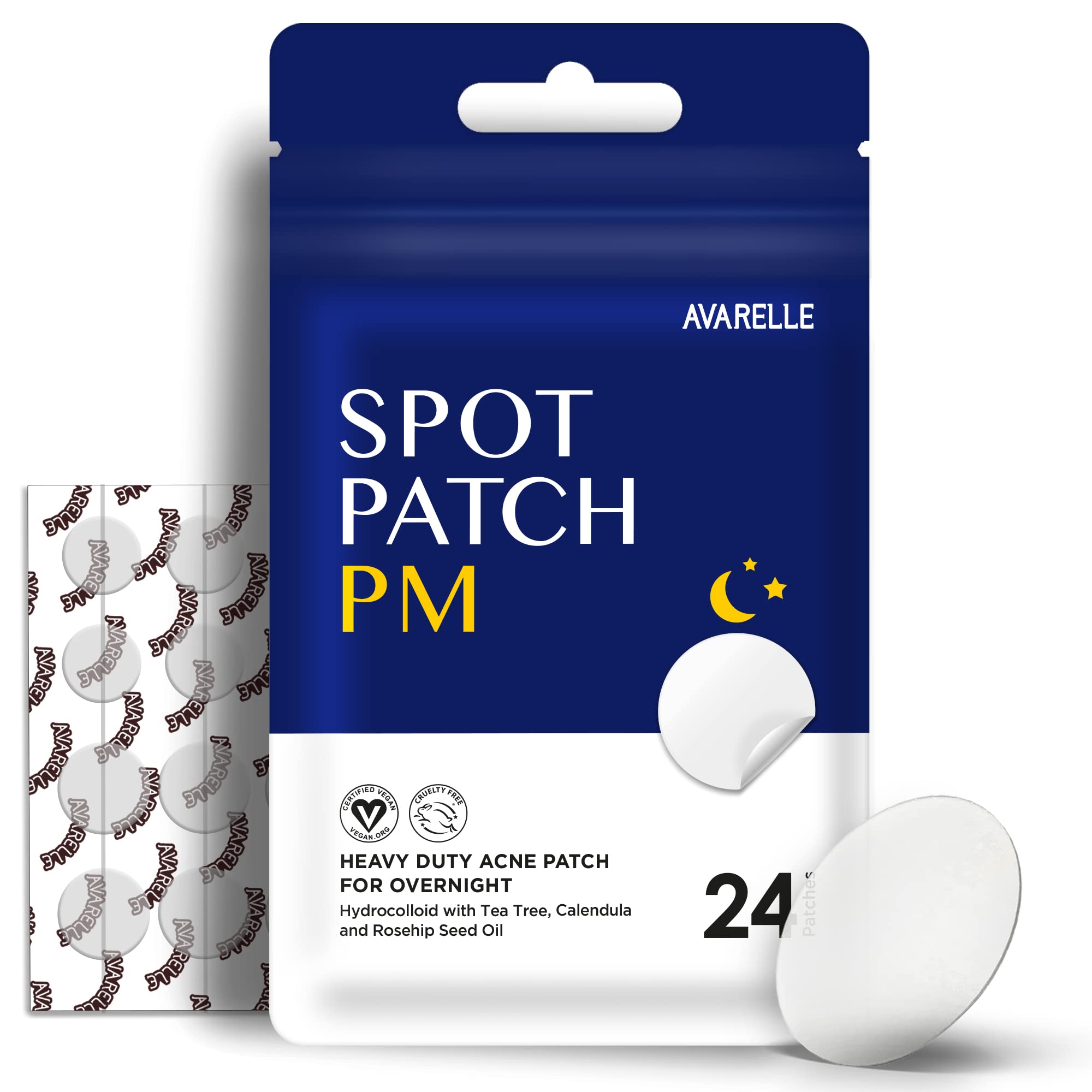 AVARELLE Acne Spot Patch PM Acne Clearing Device & Thick Hydrocolloid Spot Treatment with Tea Tree Oil for Acne, Calendula Oil, and Rosehip Seed, Certified Vegan, Cruelty Free (PM (24 Count))