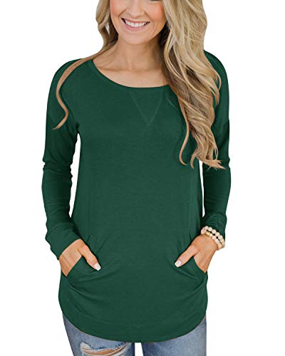 Eshavee Womens Long Sleeve Tops Round Neck Sweatshirts with Pocket Solid Color Casual Blouse Fashion T-Shirts Tunics Green