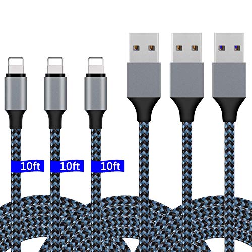 Book Cover iPhone Charger,Lightning Cable 3Pack 10Ft Sundix iPhone Charger Cable Nylon Braided Charging Cable Cord Compatible X 8 8plus 7 7plus 6s 6s Plus More-Blue
