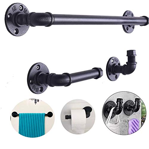 Book Cover Diwhy Industrial Pipe Bathroom Hardware Fixture Set by Pipe Decor 3 Piece Kit Includes Robe Hook 18 Inch Towel Bar and Toilet Paper Holder Heavy Duty DIY Style Modern Chic Electroplated Black Finish