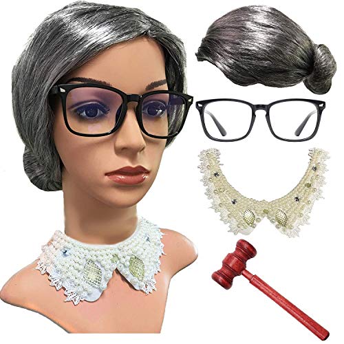 RBG Wig Set - Old Lady Granny Wig,False Lace Collar Choker Blouse,Judge Gavel w/Large Nerdy Glasses (Set2)