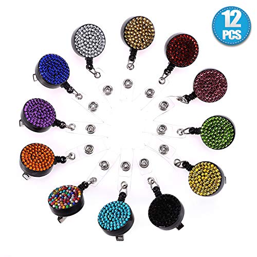 Kingbling 12PCS/Pack Hot Bling Crystal Lanyard Badge Reel Clip Cute 360° Swivel Alligator Rhinestone ID/Name Badge Holder for ID Card,Keychain for Nurse,Doctor,Employee,Teacher