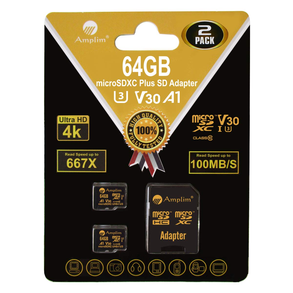 Amplim 64GB Micro SD Card, 2 Pack MicroSD Memory Plus Adapter, MicroSDXC U3 Class 10 V30 UHS-I Extreme High Speed Nintendo-Switch, Go Pro Hero, Surface, Phone Galaxy, Camera Security Cam, Tablet, PC