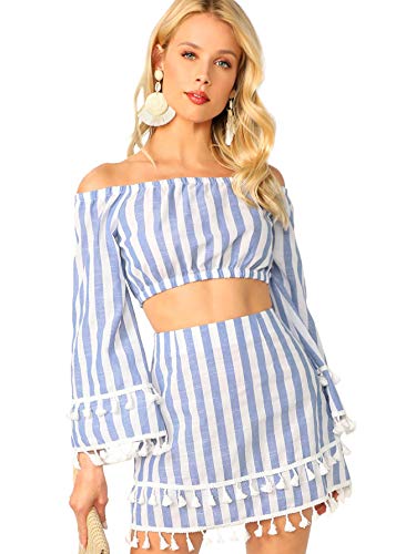 SheIn Women's 2 Piece Outfit Fringe Trim Crop Top Skirt Set